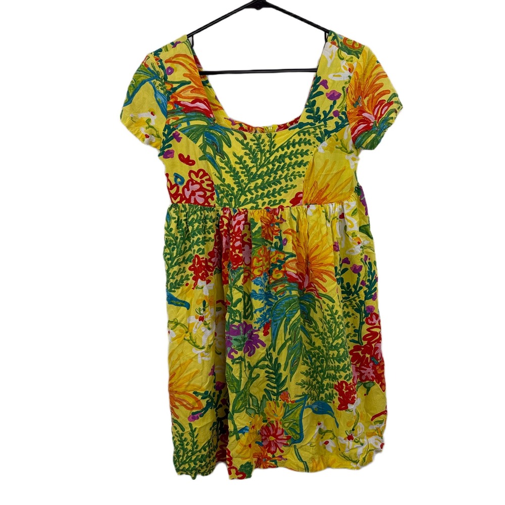 Jam's World Dress Womens Small Yellow Floral Print Short Sleeve Mini Back Zip